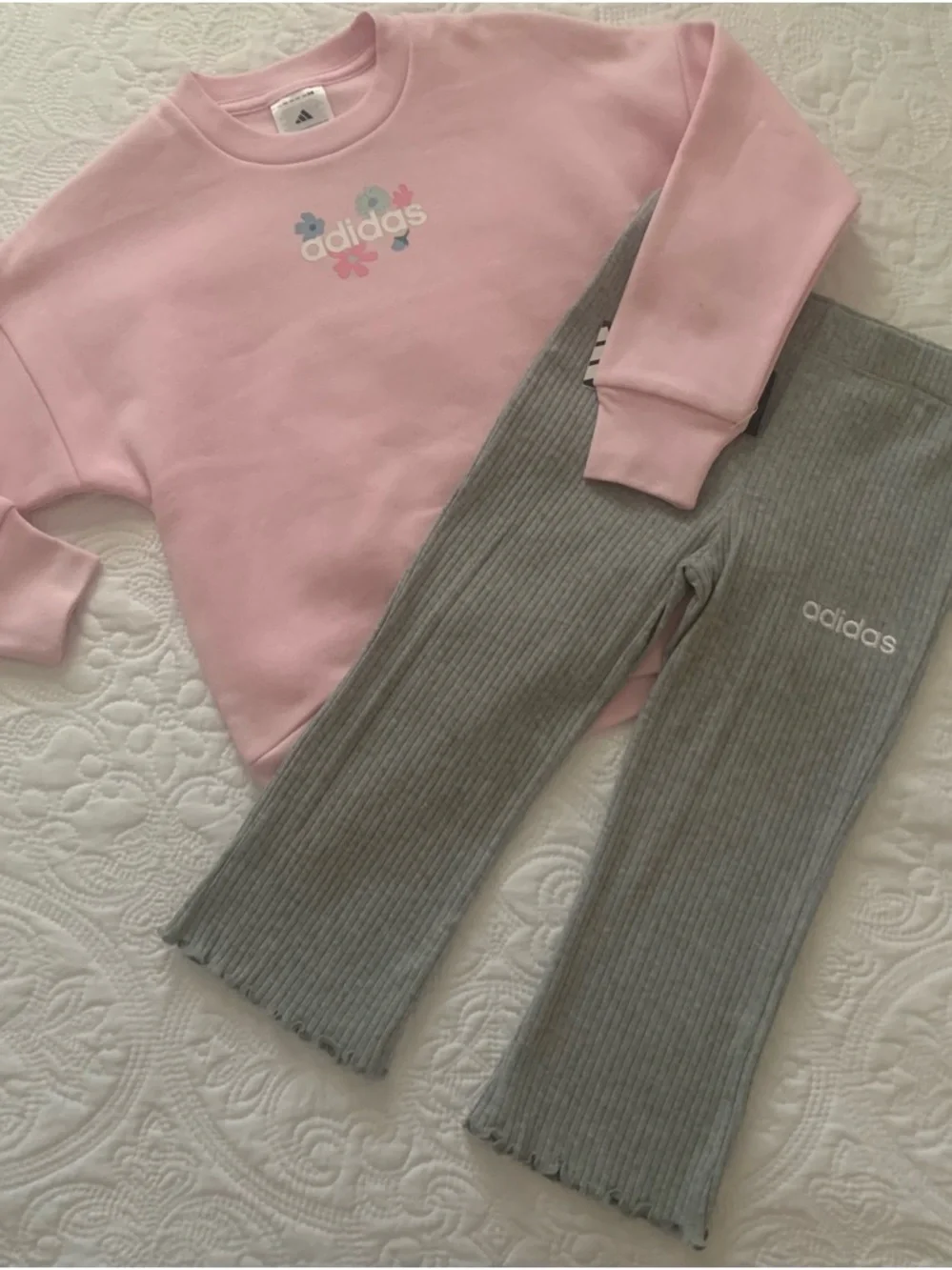 adidas girl’s Pink Crewneck Sweatshirt and Gray Ribbed Leggings Set